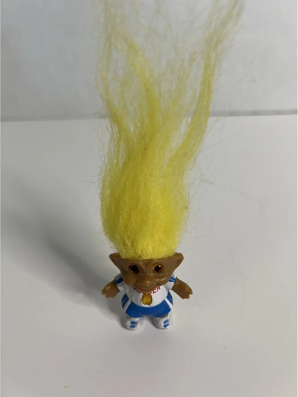Vtg 1992 Ace Yellow Hair White & Blue Soccer Uniform Mini Troll Doll 1.5